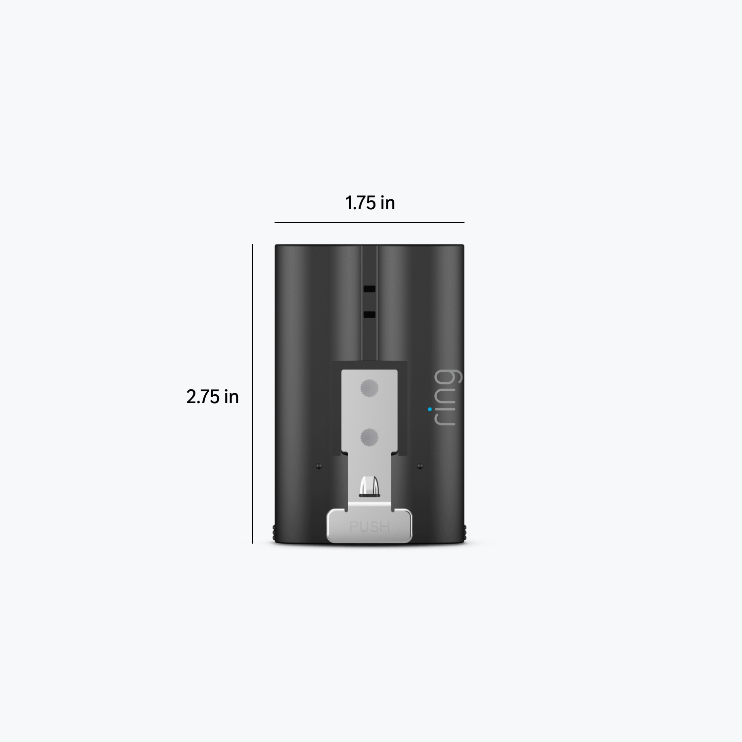 Quick Release Battery Pack (for Compatible with all battery-powered Ring Cameras and Ring Doorbells) - Black Ring battery pack with silver latch, shown front view with labeled dimensions: 2.75 inches tall and 1.75 inches wide.
