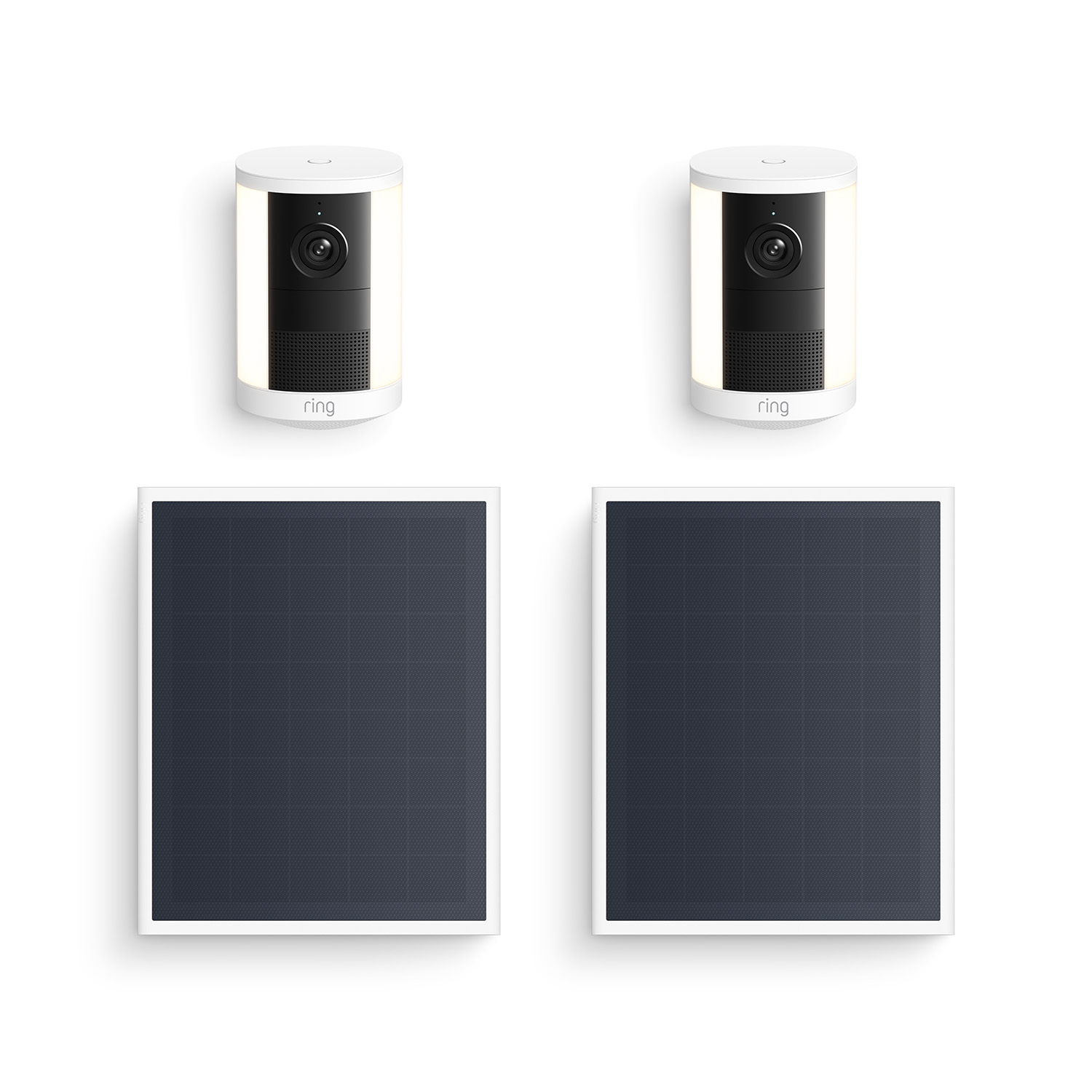 Spotlight Cam 4K Plus - Two white Ring spotlight Cam units with built-in lights shown above two black rectangular solar panels on a white background.