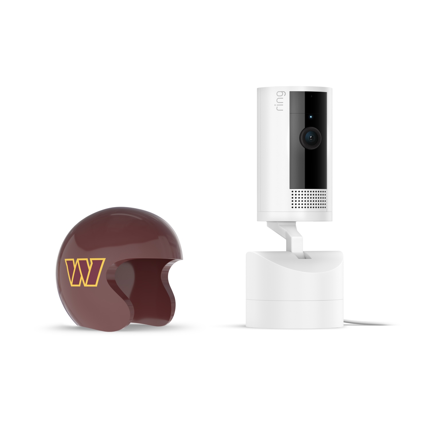 Pan-Tilt Indoor Cam, White + NFL Game Day Cam Cover — NFC - White Ring indoor camera on a stand next to a maroon mini football helmet with a yellow “W” logo on a white background.