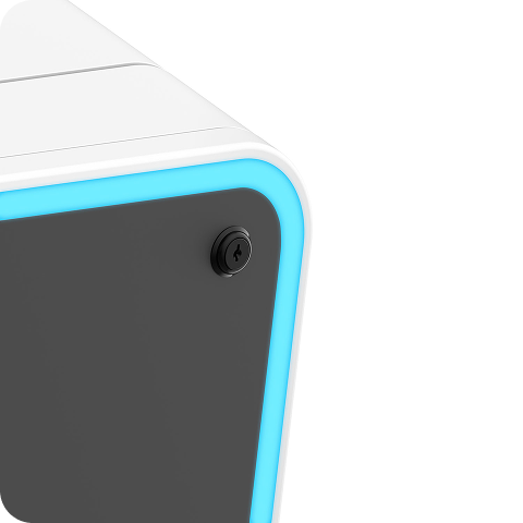 Close-up of a sleek white and gray device corner with a glowing blue edge trim and a small circular sensor on the front panel.