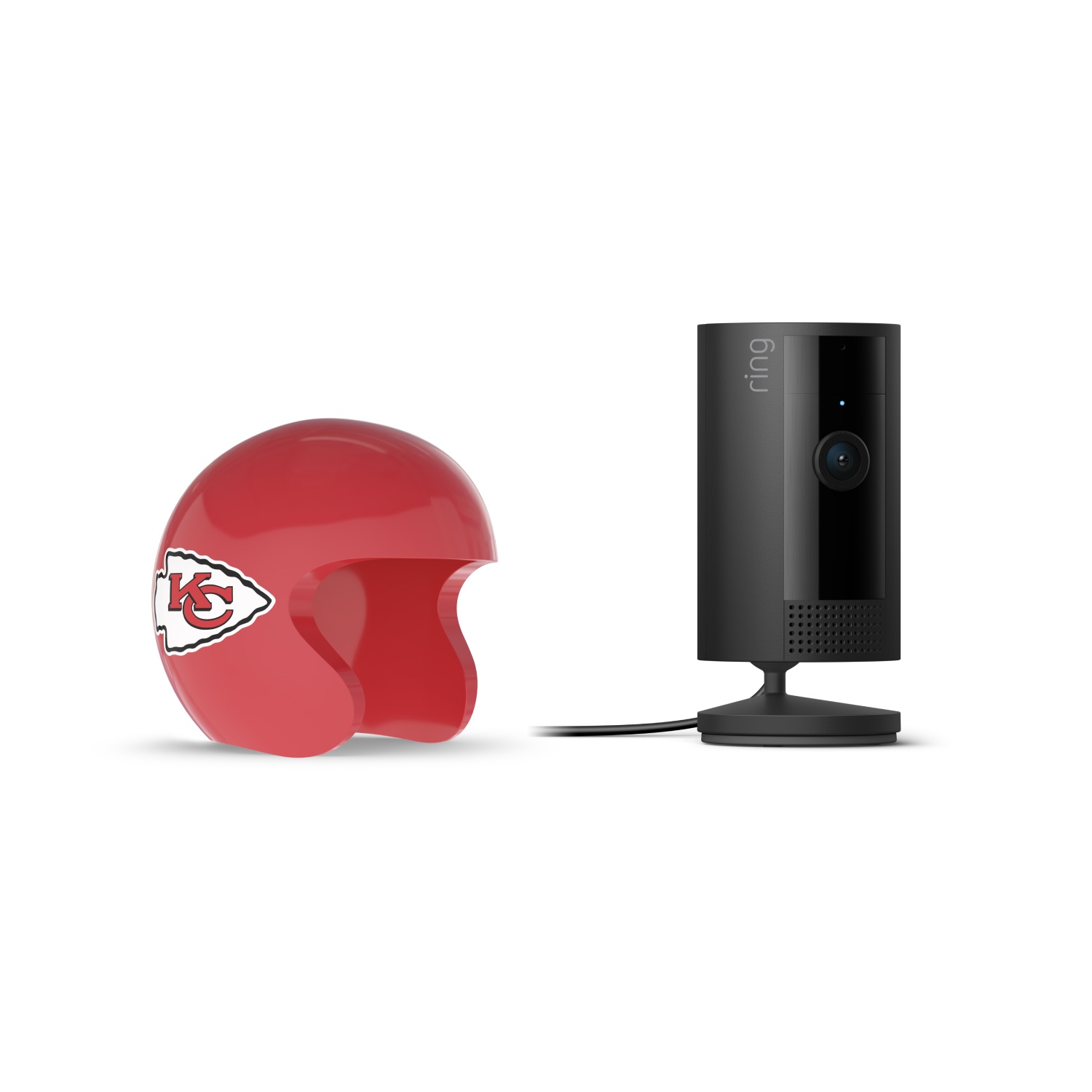 Indoor Cam, Black + NFL Game Day Cam Cover — AFC - Black Ring indoor camera on a stand beside a red mini football helmet with the Kansas City Chiefs logo on a white background.