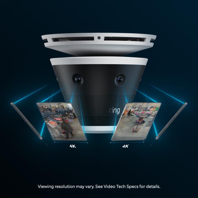 Black multi-lens security camera showing six projected video feeds in 4K quality against a dark blue background.