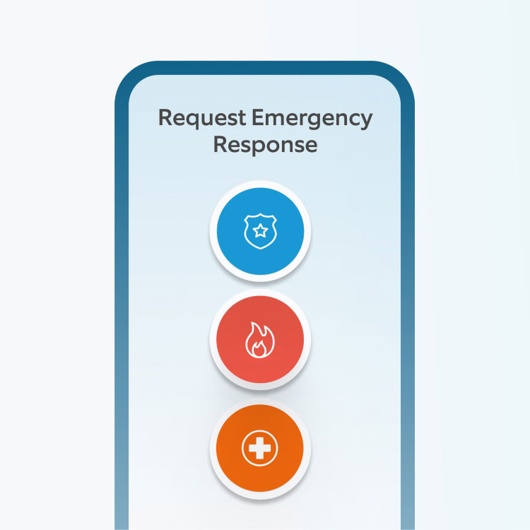 Smartphone screen displaying 'Request Emergency Response' with icons for police, fire, and medical assistance.