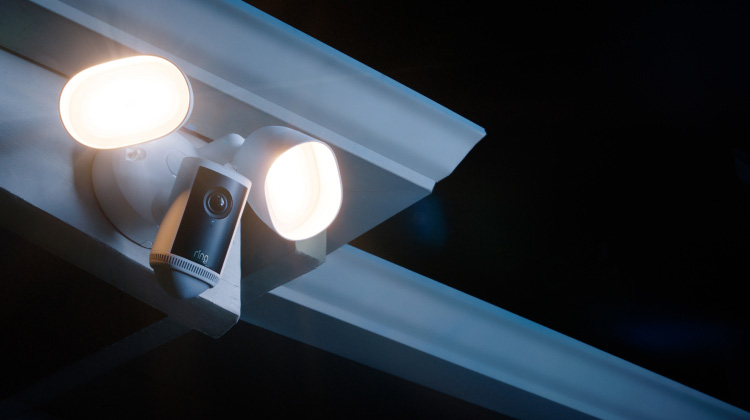 A montage of Ring's new security devices in action at various homes featuring Floodlight Cam Pro,  Spotlight Cam Pro, Indoor Cam Plus, and Wired Doorbell Pro