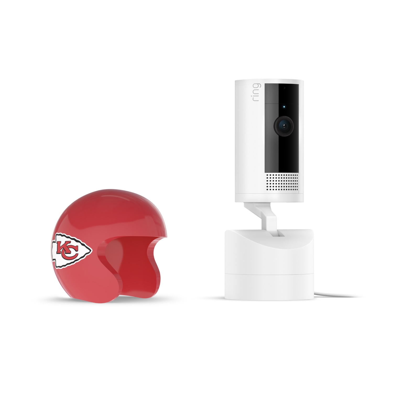Pan-Tilt Indoor Cam, White + NFL Game Day Cam Cover — AFC - White Ring Pan-tilt indoor camera on a stand next to a small red Kansas City Chiefs helmet on a white background.