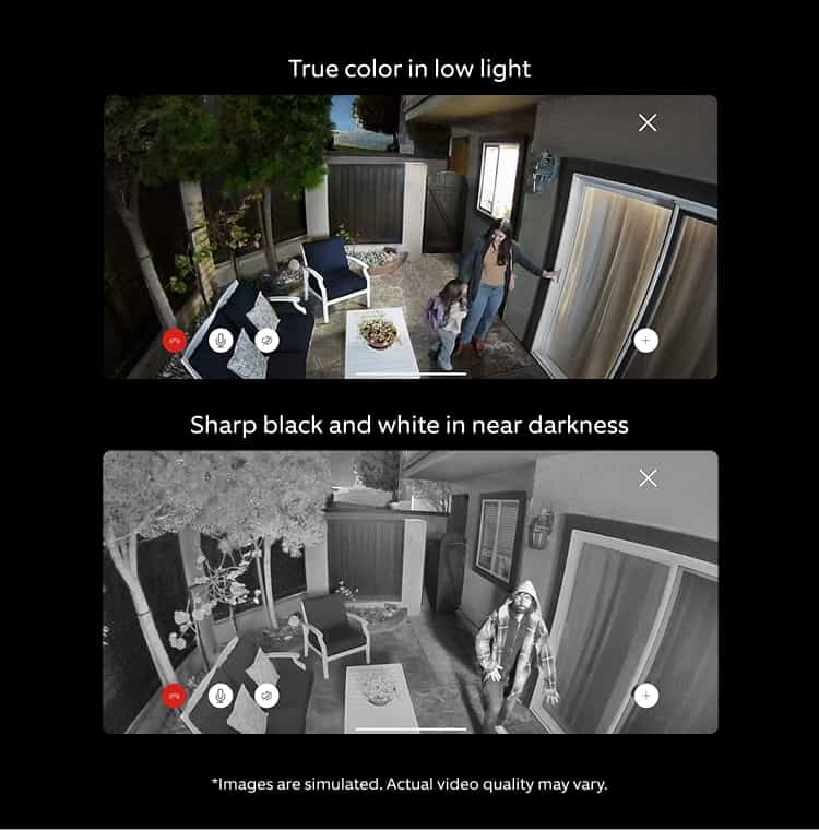 Side-by-side patio views: top shows true color in low light as a person enters near sliding doors; bottom shows the same scene in crisp black and white.