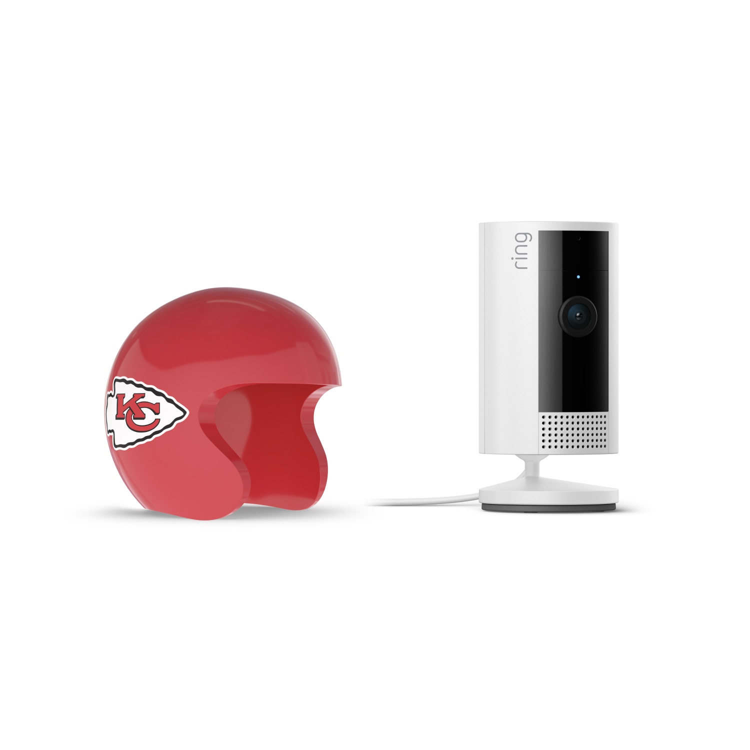 Indoor Cam, White + NFL Game Day Cam Cover — AFC - White Ring indoor camera on a stand next to a small red football helmet with the Kansas City Chiefs logo on a white background.