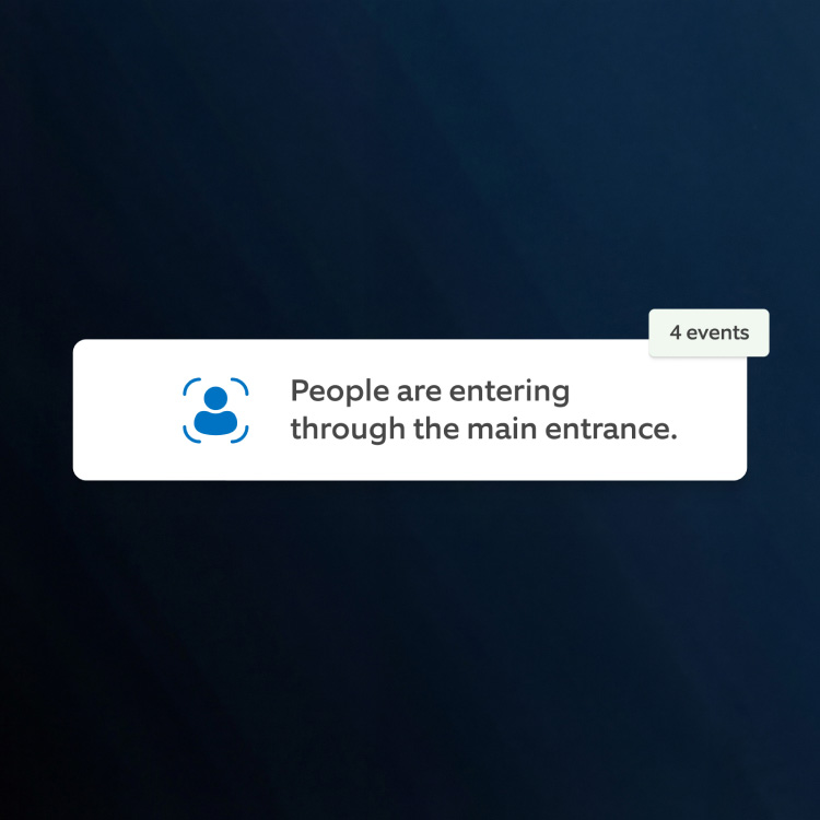 Notification card on a dark background showing a blue person icon and text: “People are entering through the main entrance,” plus “4 events.”