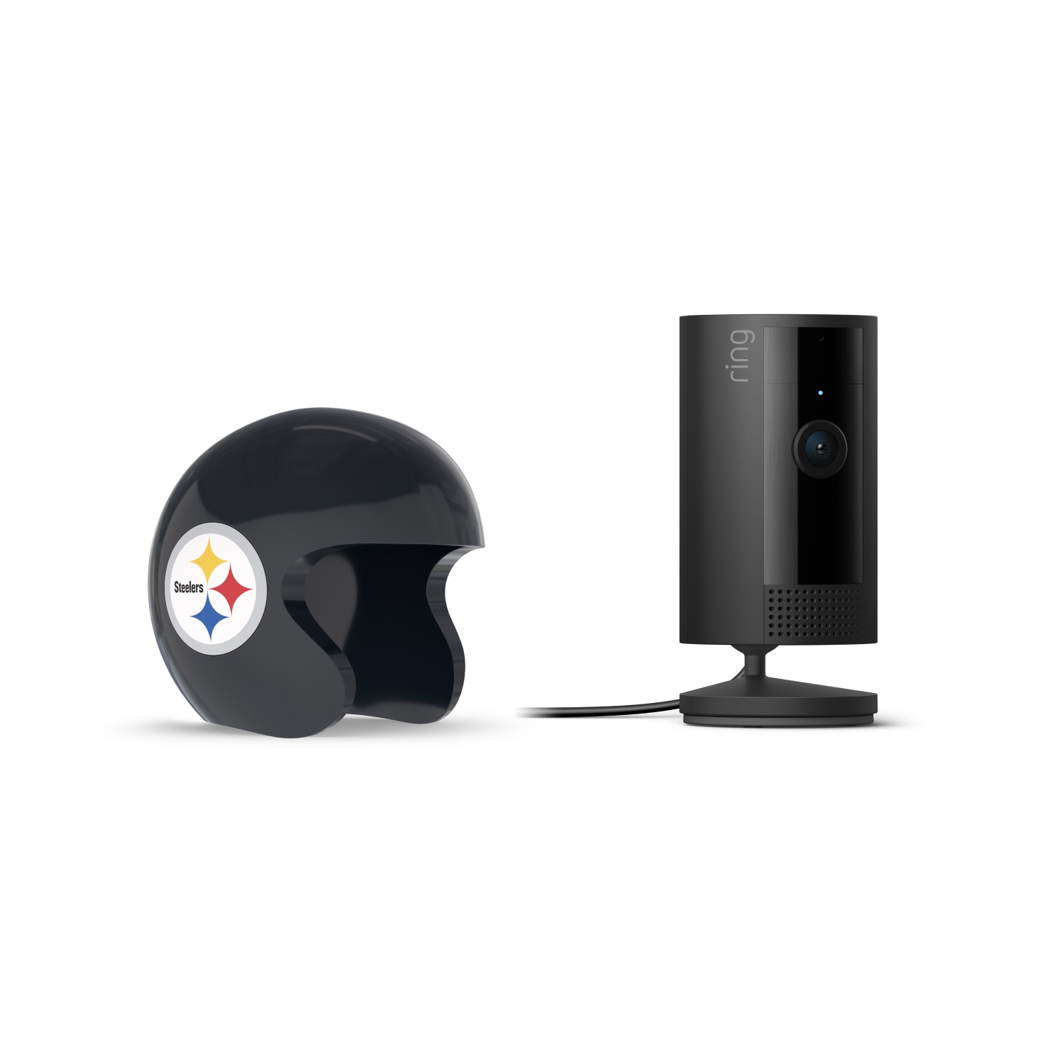 Indoor Cam, Black + NFL Game Day Cam Cover — AFC - Black Ring indoor camera on a stand next to a glossy black mini football helmet with a Steelers logo, set against a white background.
