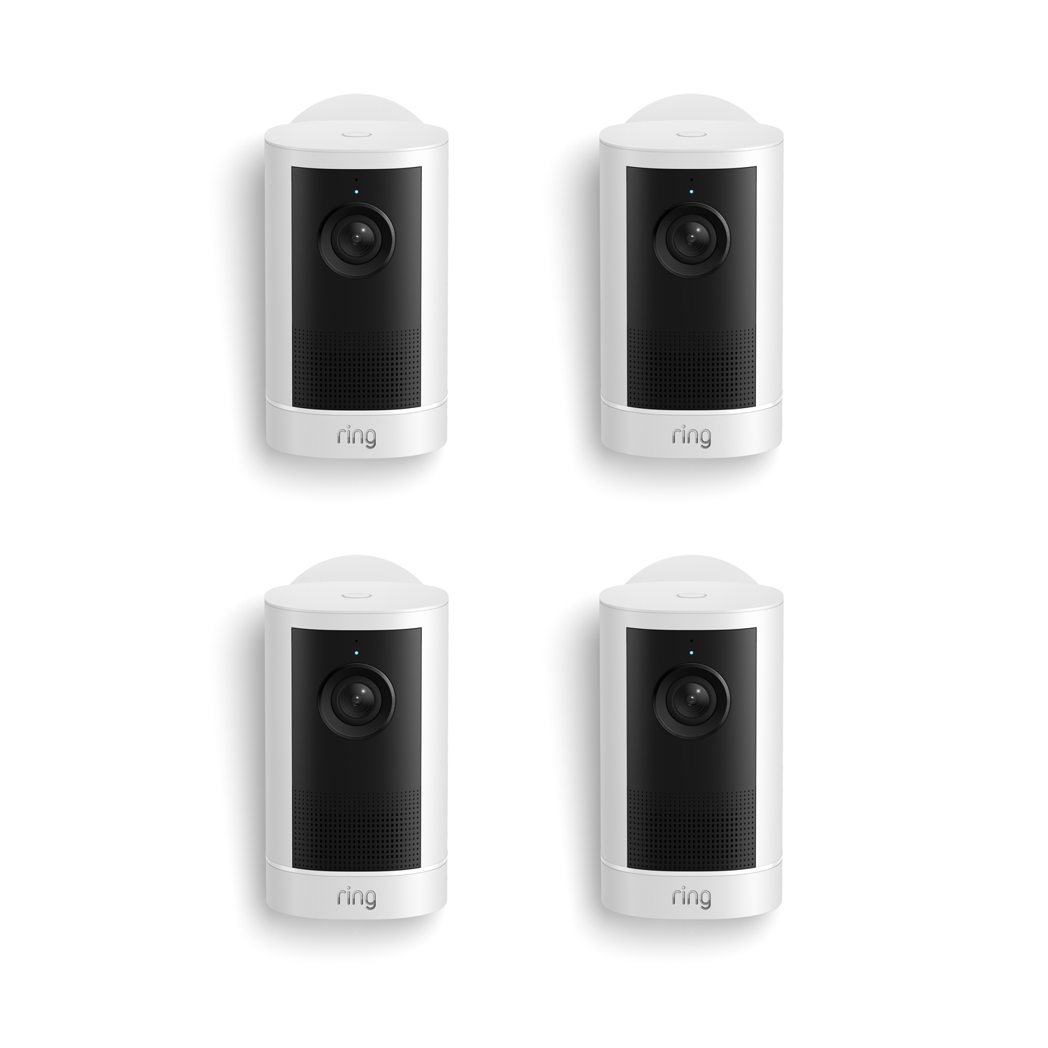 Outdoor Cam 4K Plus  - Set of four white Ring  cameras with black fronts, each showing a lens and speaker grille, arranged in a 2x2 grid on a white background.