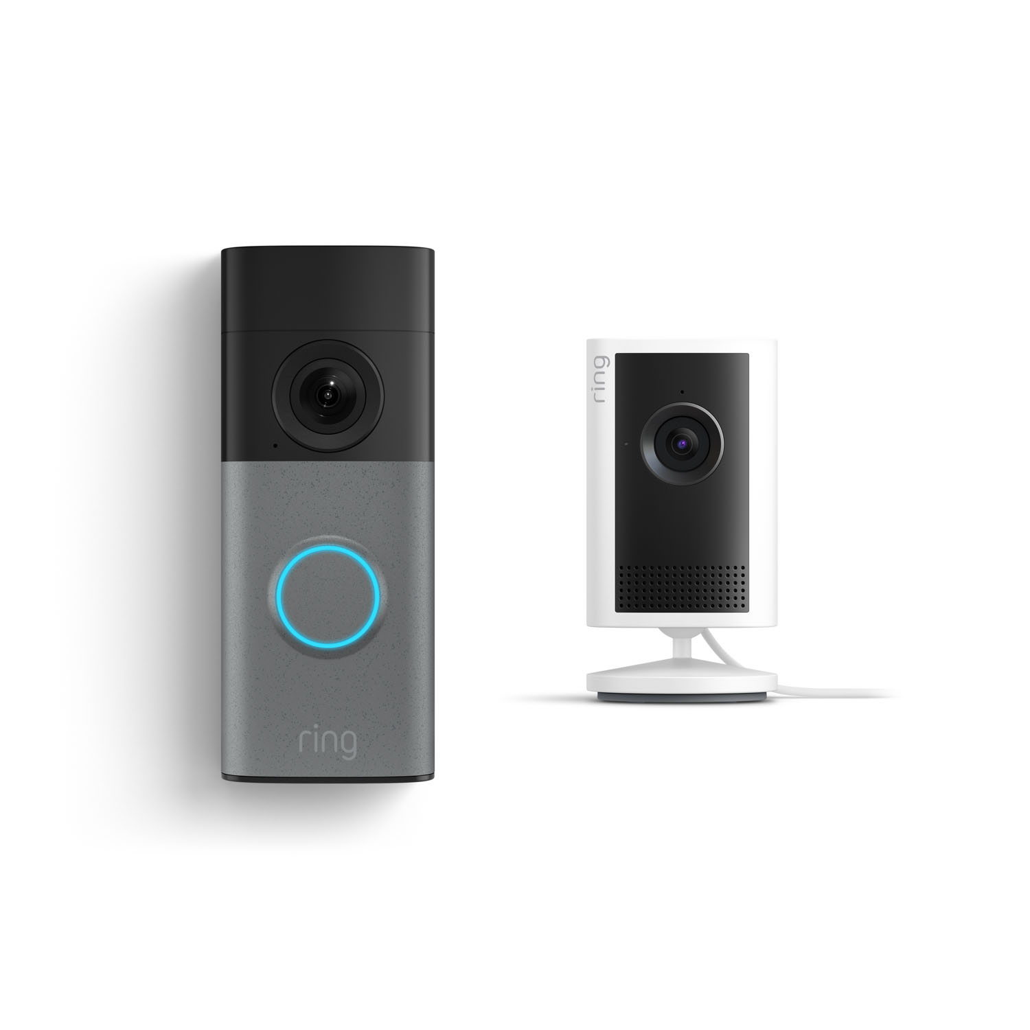 Wired Doorbell (Newest Model) + Indoor Cam Plus - Ring video doorbell with glowing blue button next to a compact white indoor camera on a stand, both shown against a white background.