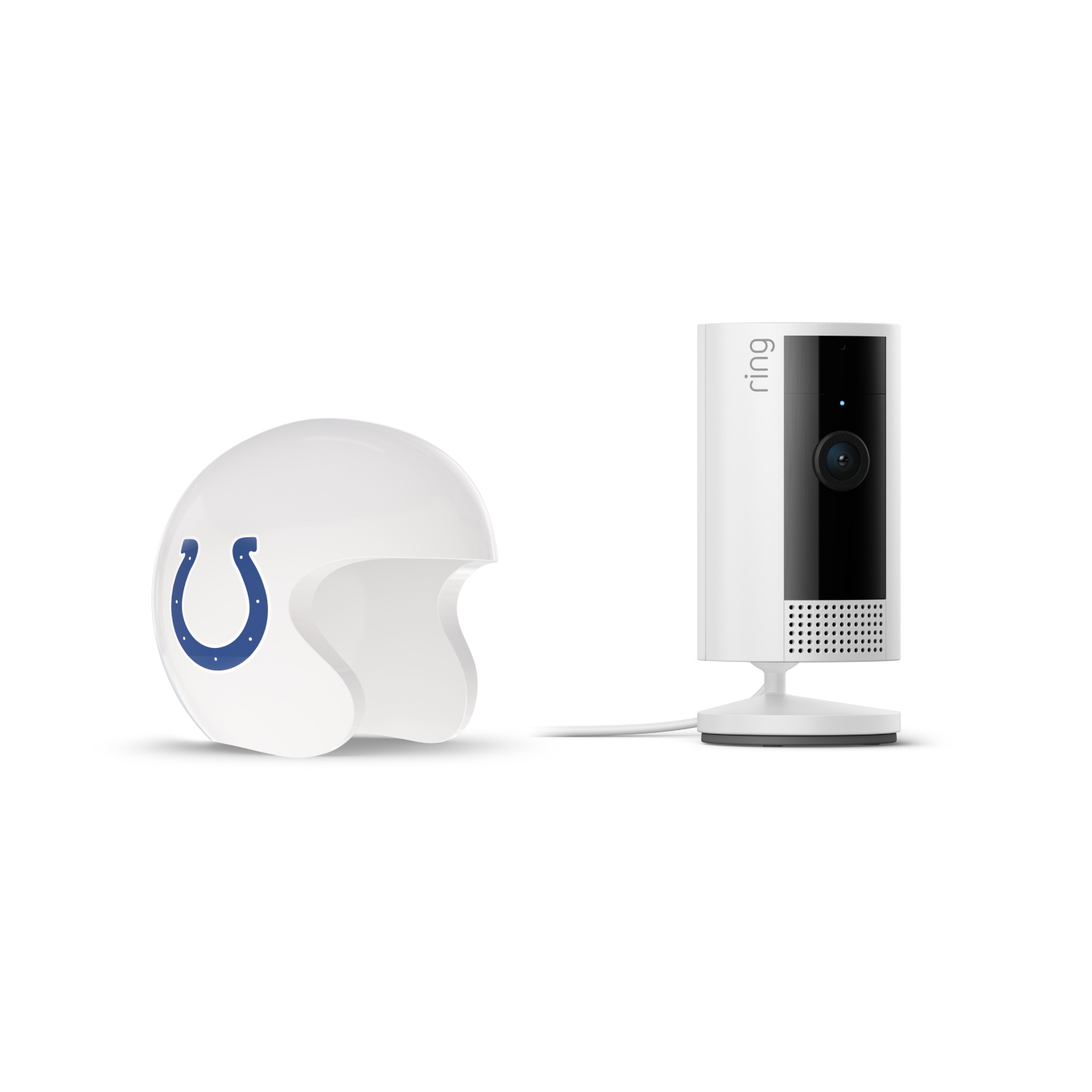 Indoor Cam, White + NFL Game Day Cam Cover — AFC - White Ring indoor camera on a stand beside a white football helmet with a blue horseshoe logo on a plain white background.