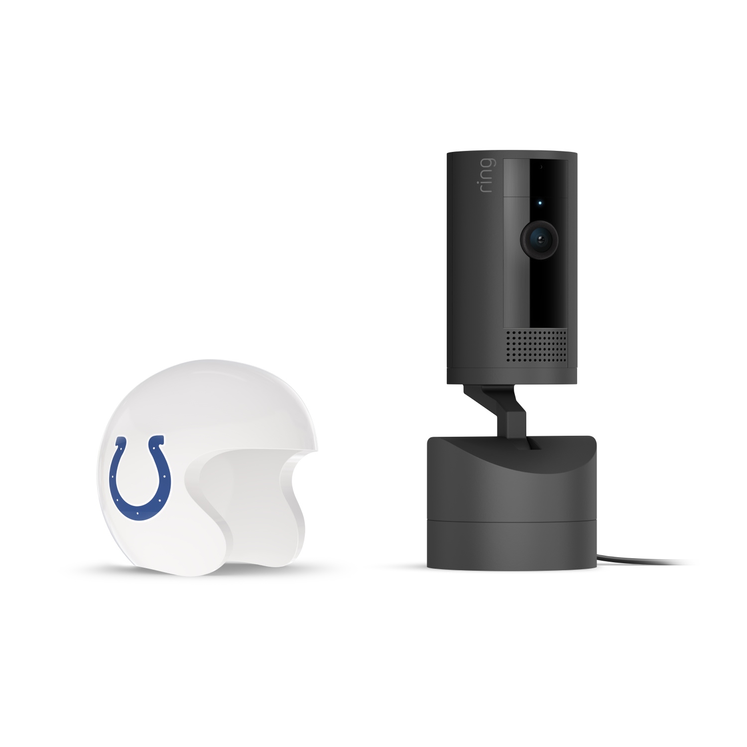 Pan-Tilt Indoor Cam, Black + NFL Game Day Cam Cover — AFC - Black Ring indoor camera on a stand next to a white helmet with a Colts logo on a plain white background.