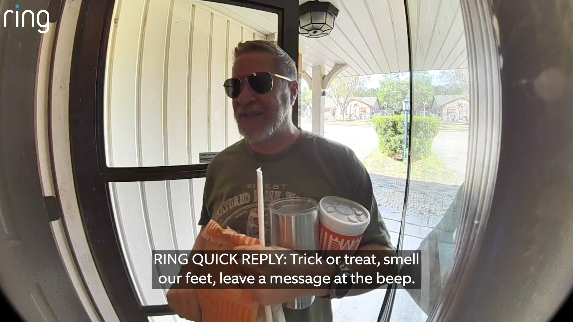 Man amused by Ring Doorbell Plus Quick Replies