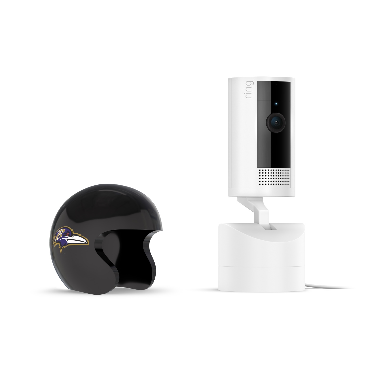 Pan-Tilt Indoor Cam, White + NFL Game Day Cam Cover — AFC - White Ring Pan-Tilt indoor camera on a stand next to a glossy black mini football helmet with a purple raven logo on white background