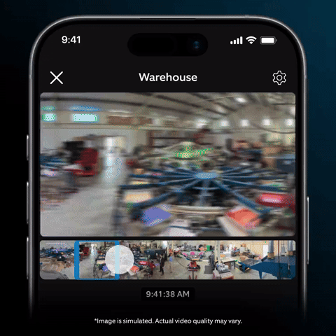 Ring Elite 360 4K - Smartphone screen showing a warehouse camera feed with timeline thumbnails and a 9:41 AM timestamp, interface icons at top and bottom