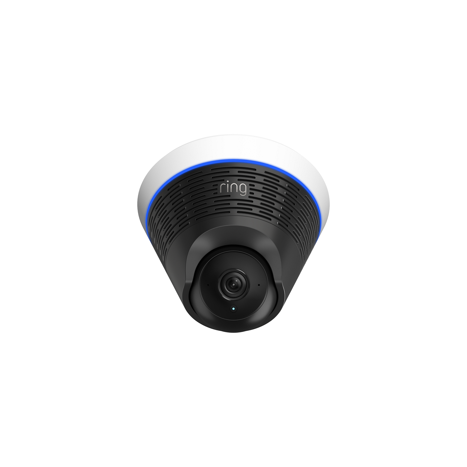Ring Dome Cam 4K - Close-up of a mounted Ring dome security camera with a black lens, vented housing, and blue light ring against white.