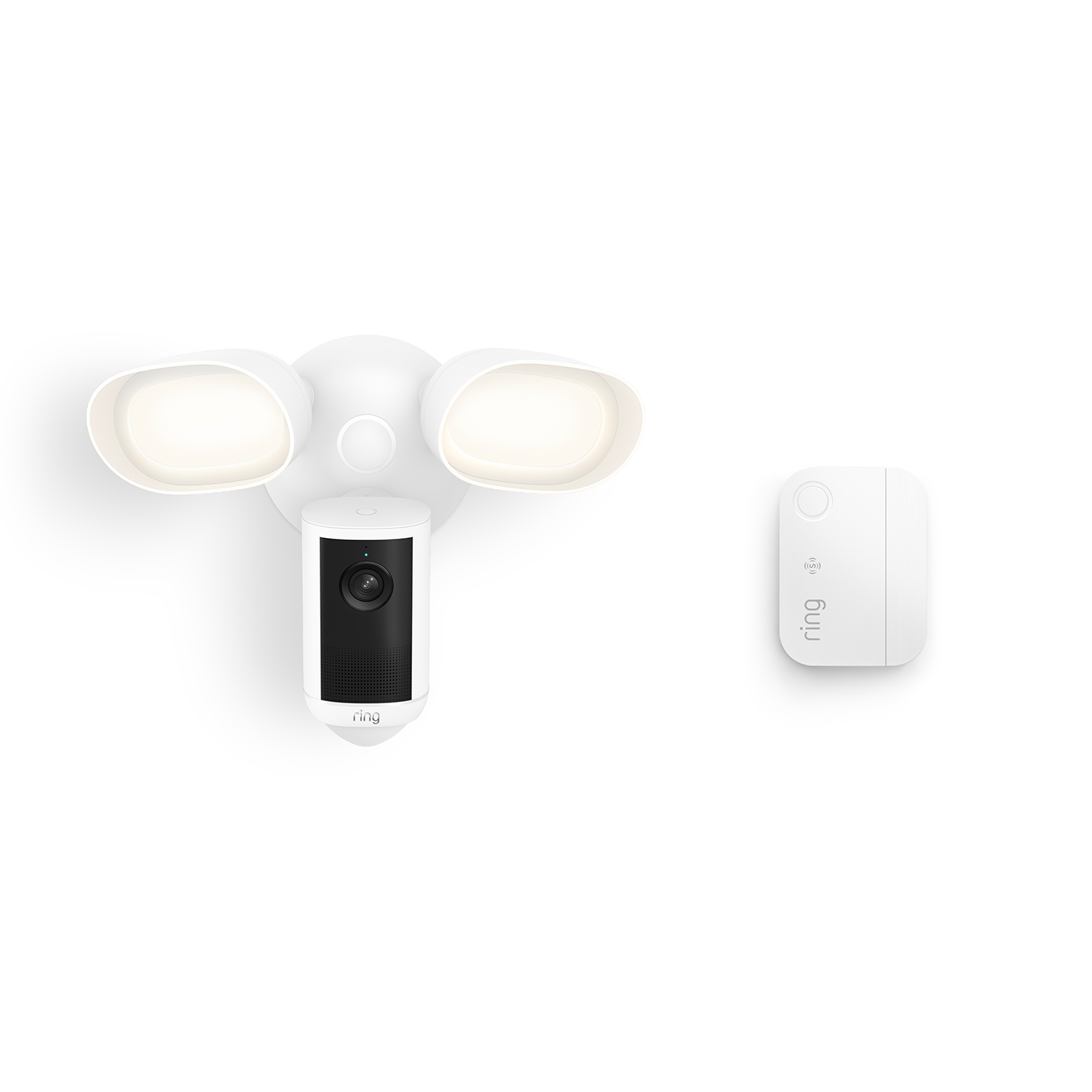 Floodlight Cam 4K Plus, Wired + Window & Door Sensor - Ring Floodlight Cam 4K Plus (Wired) in white with a white Window & Door Sensor.