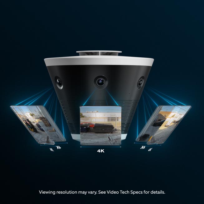 Black multi-lens security camera showing three projected video feeds in 4K quality against a dark blue background.
