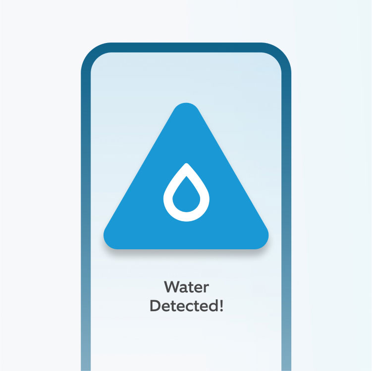 Smartphone screen displaying blue warning triangle with a water droplet icon and the message 'Water Detected!'