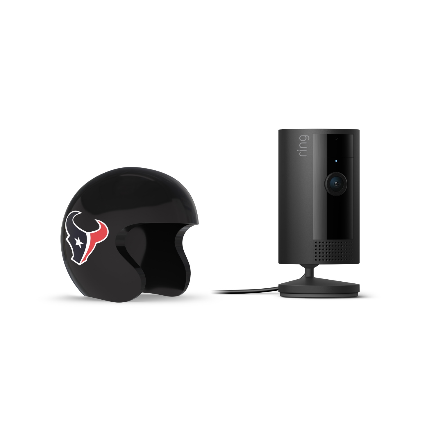 Indoor Cam, Black + NFL Game Day Cam Cover — AFC - Black Ring indoor camera on a stand beside a glossy black mini football helmet with the Houston Texans logo on a white background.