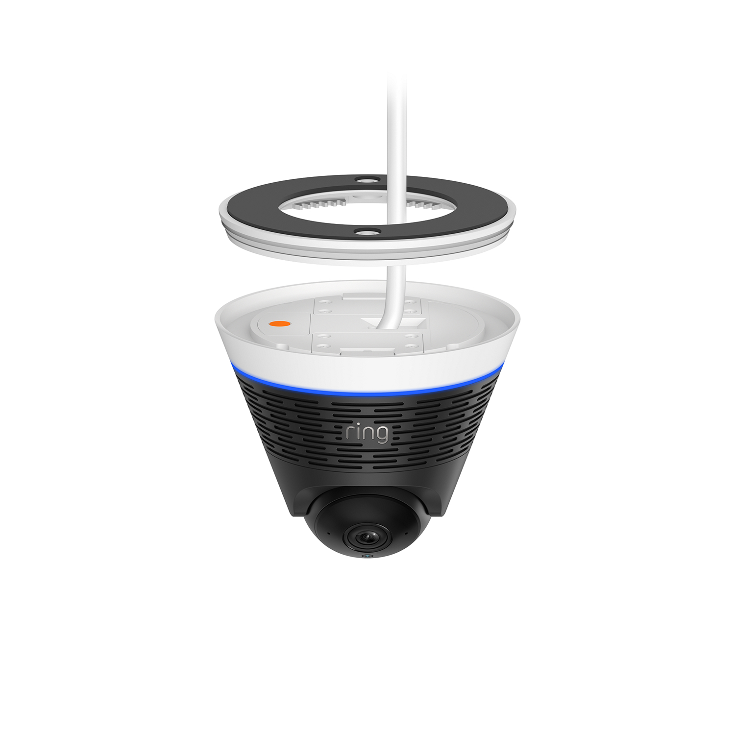Ring Dome Cam 4K - Ring ceiling-mounted dome camera with black and white housing, blue LED ring, and hanging power cable shown with cover plate.