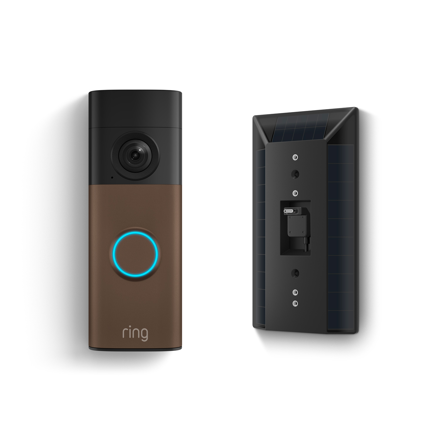 Battery Doorbell 2K + Solar Charger - Battery Doorbell 2K with bronze faceplate and blue-lit button beside a black solar panel mount showing rear charging port.