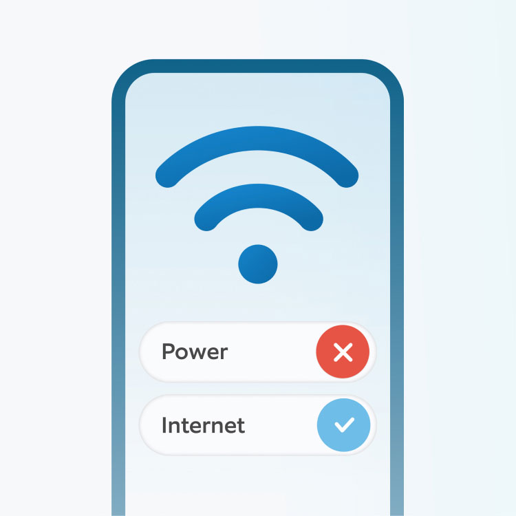 Smartphone screen displaying Wi-Fi symbol, with power marked as unavailable and internet marked as active.