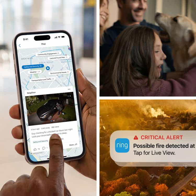 Collage: hand using a safety app map on phone, family hugging their dog, and a critical alert banner about a possible fire nearby.