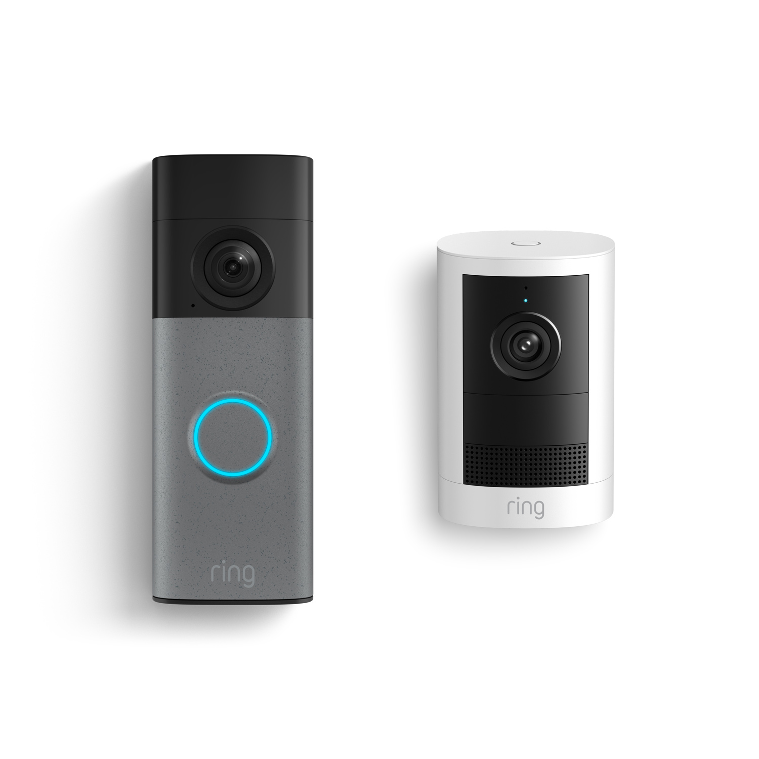 Battery Doorbell 2K + Outdoor Cam 2K, Battery - Ring Battery Doorbell 2K in Speckled Gray with Outdoor Cam 2K, Battery in White.