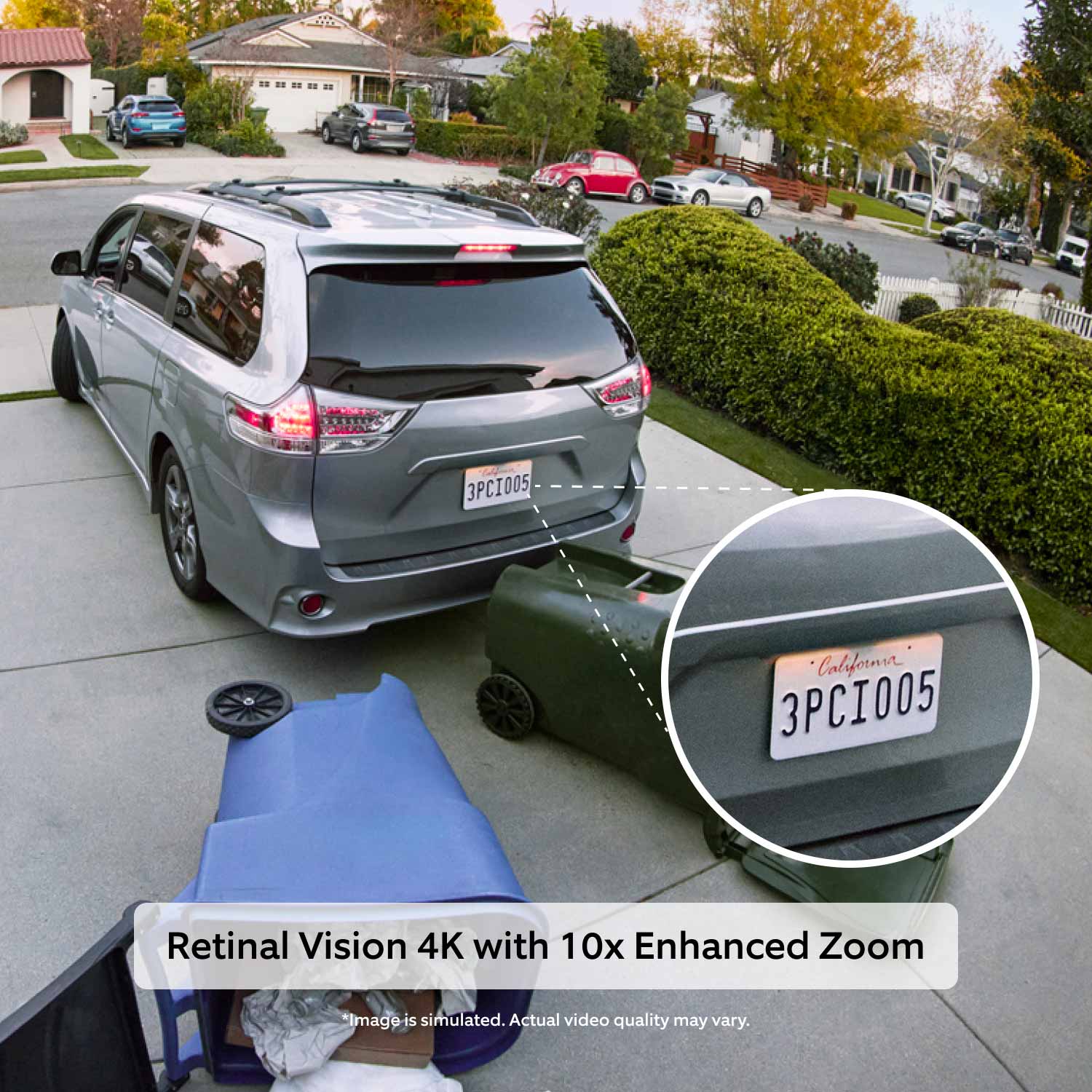 Spotlight Cam Pro (Newest Model) (Featuring Retinal 4K) - Driveway with a car backing up into trash cans. Graphic shows a zoomed-in view of the car license plate, with text that reads 