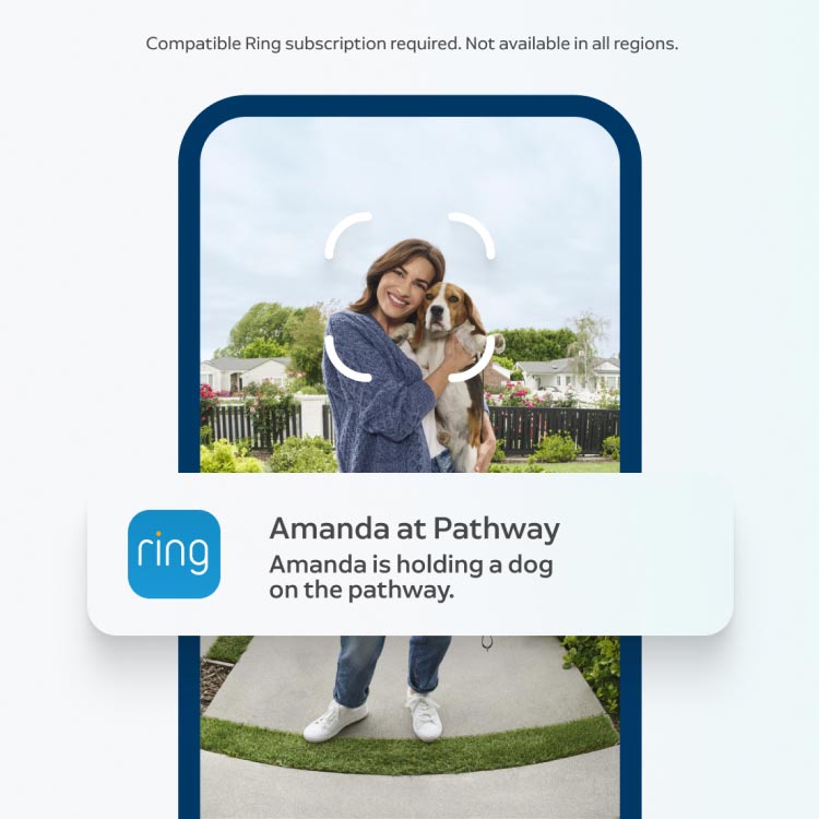 Ring app alert on a phone reads: “Amanda at Pathway. A person holding a dog on the pathway.