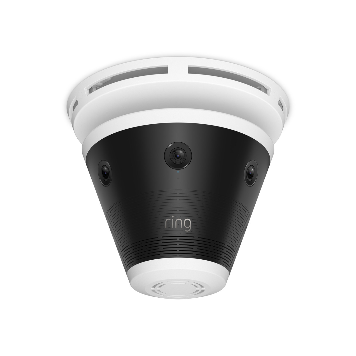 Ring Elite 360 4K - Ceiling-mounted Ring cone-shaped device with black body and white trim, featuring multiple wide-angle lenses and a speaker grille.