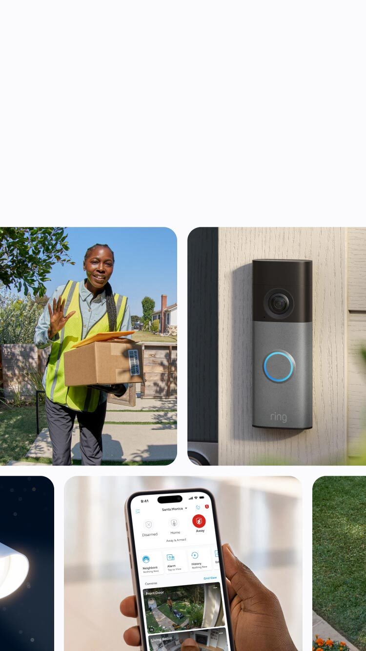 Collage of Ring home security products: floodlight cam at night, delivery person with package, doorbell cam, app on phone, indoor cam, keypad