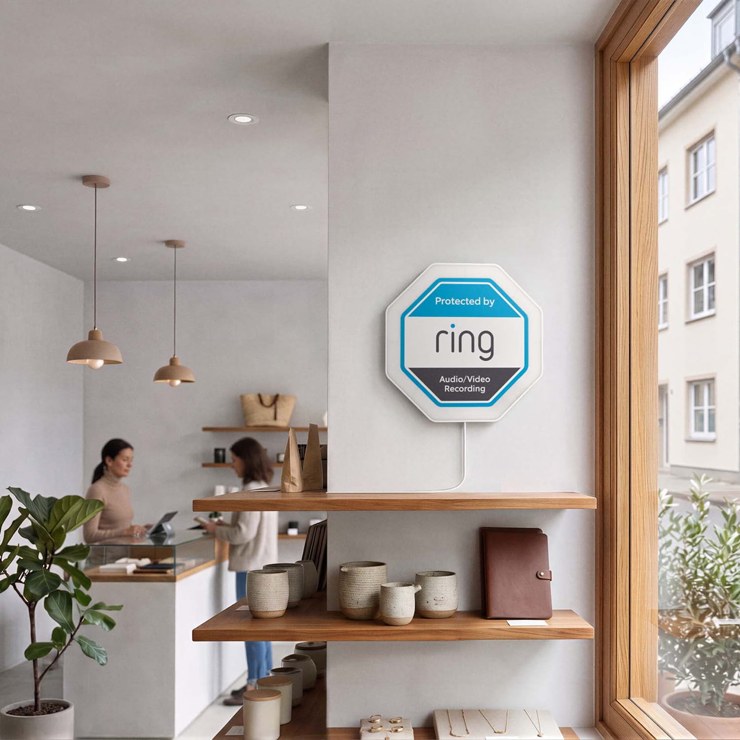Ring Indoor Illuminated Sign - Cozy shop interior with shelves of ceramics, two people at the counter, and a blue-and-white Ring audio/video recording sign on the wall.