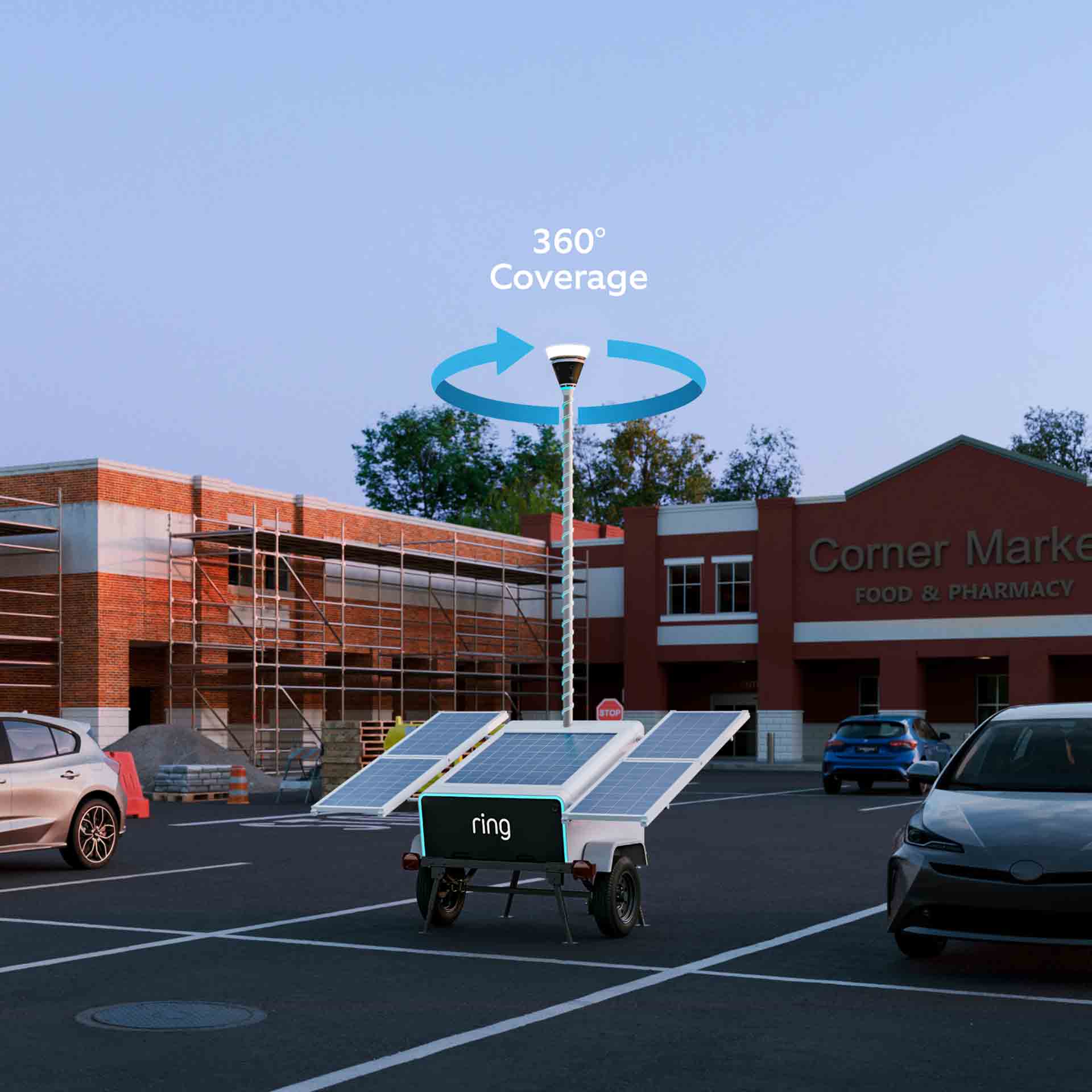 Solar-powered Ring mobile security trailer with a tall camera mast offers 360° coverage in a parking lot near a market and construction area.