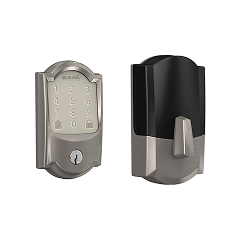 Keypad smart deadbolt in brushed nickel, front and back views, with illuminated touchpad and interior thumb turn.