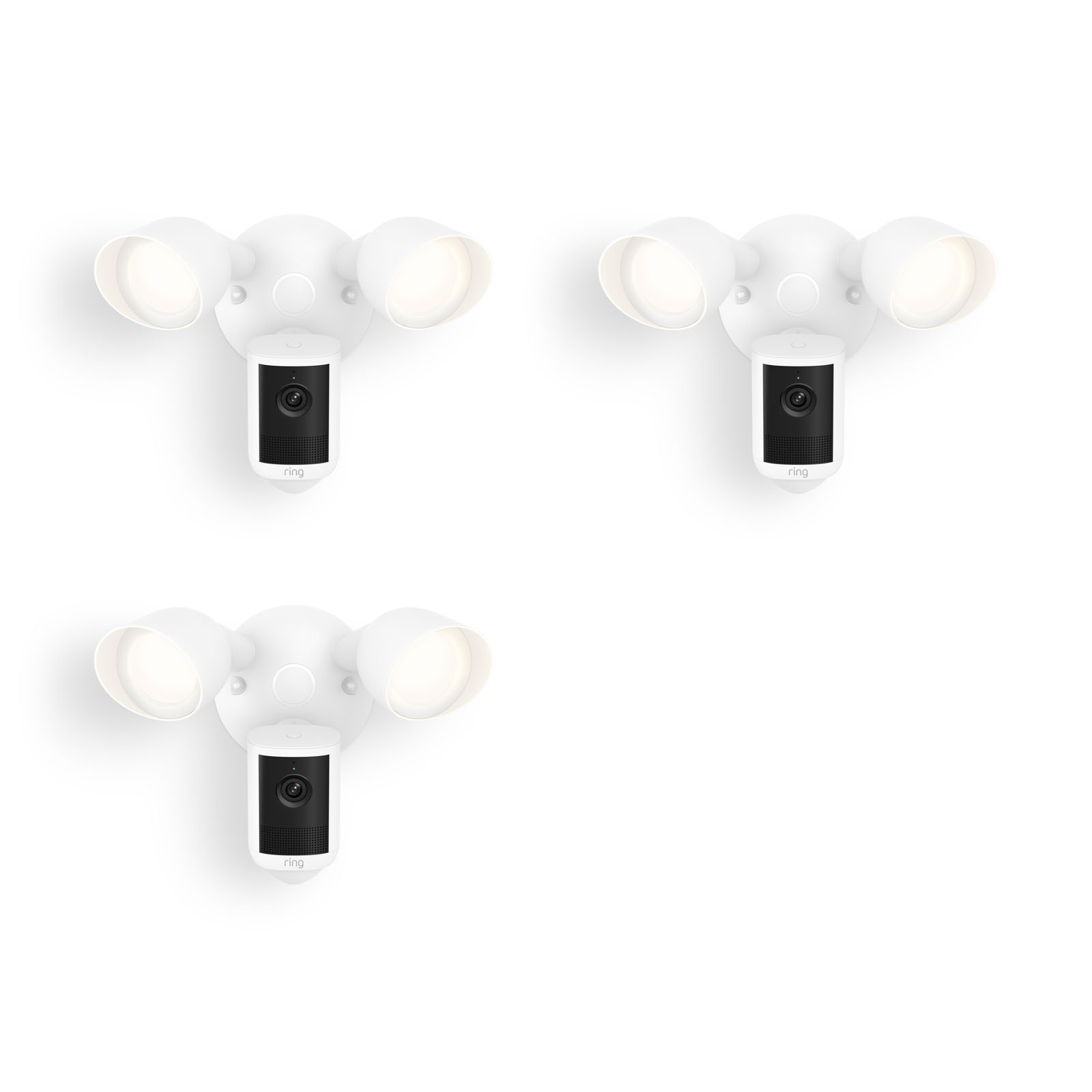 Floodlight Cam - Three white outdoor floodlight camera units against a white background, each with two angled lights and a centered camera module.