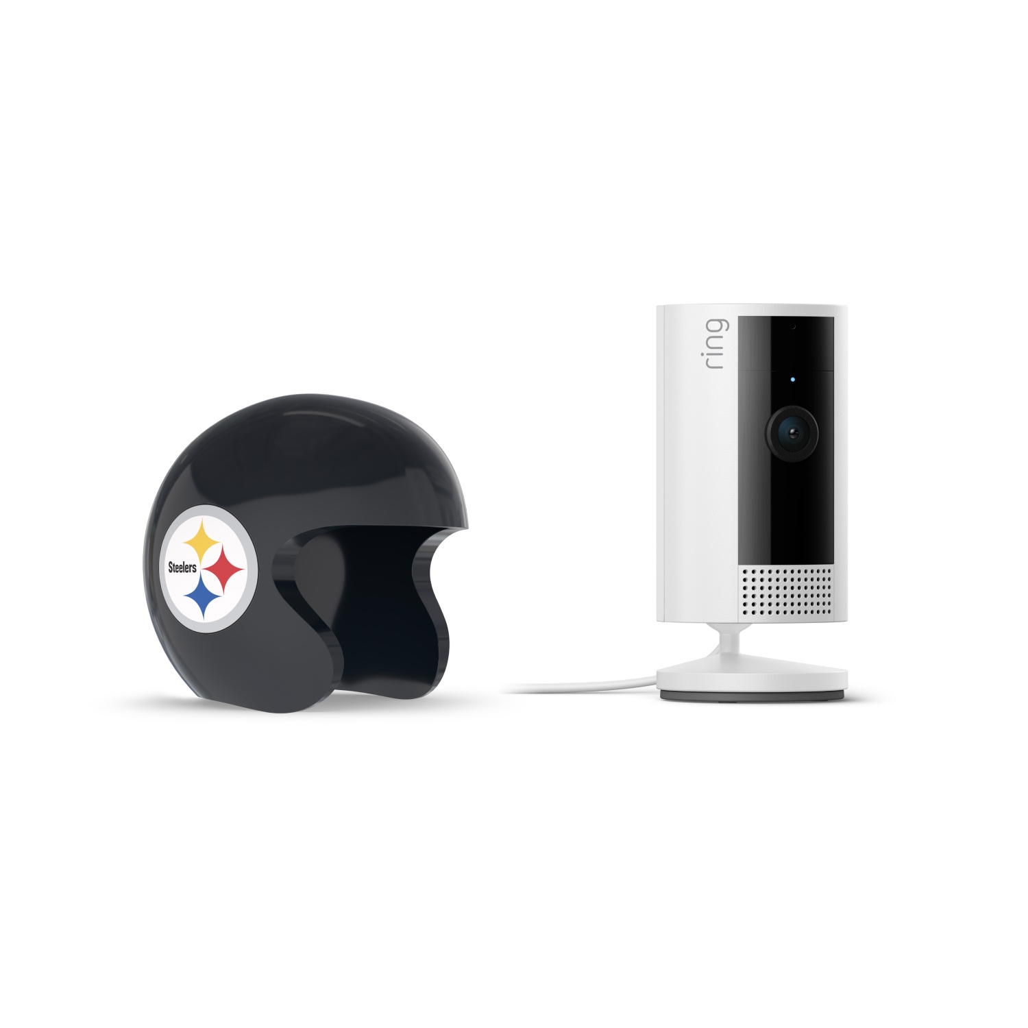 Indoor Cam, White + NFL Game Day Cam Cover — AFC - White Ring indoor camera on stand beside a black mini football helmet with the Pittsburgh Steelers logo, on a white background.