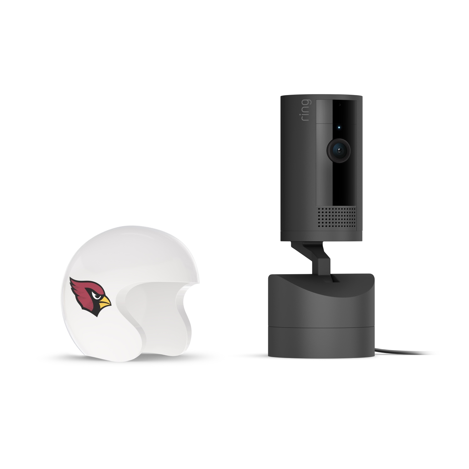 Pan-Tilt Indoor Cam, Black + NFL Game Day Cam Cover — NFC - Black Ring indoor camera on a stand next to a small white helmet with a red cardinal logo, on a plain white background.