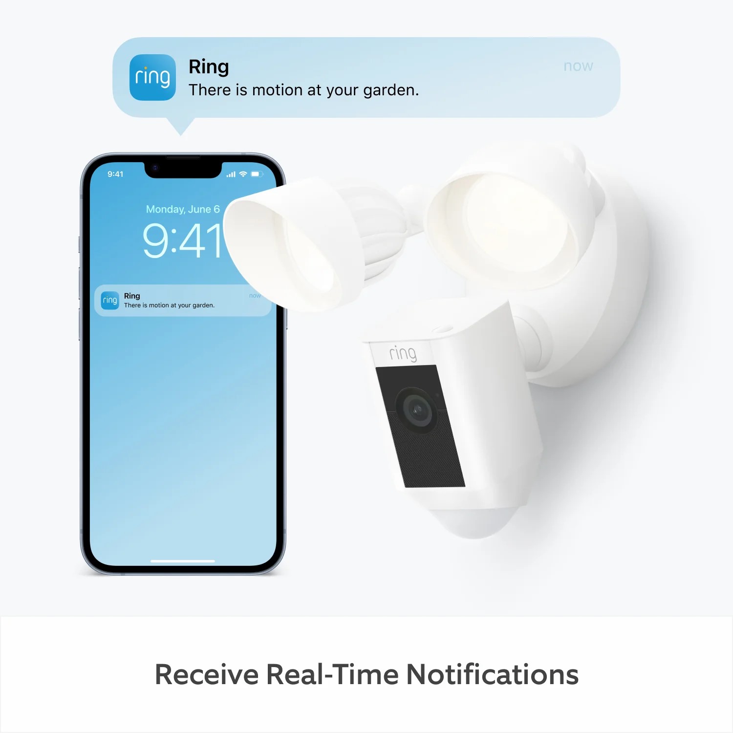 Floodlight Cam Wired Plus - White Floodlight Wired Cam Plus with iphone notification from Ring App detecting 'motion at your garden'