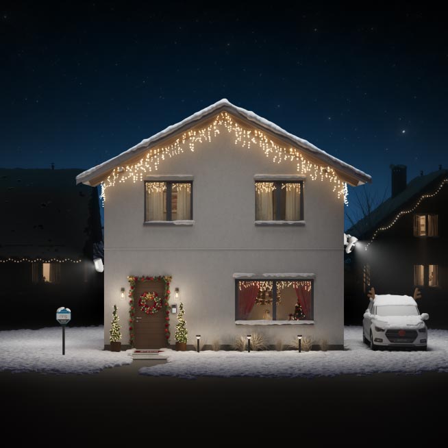 Cutaway view of a smart home at night with Ring cameras, lights, and accessories for indoor and outdoor protection.