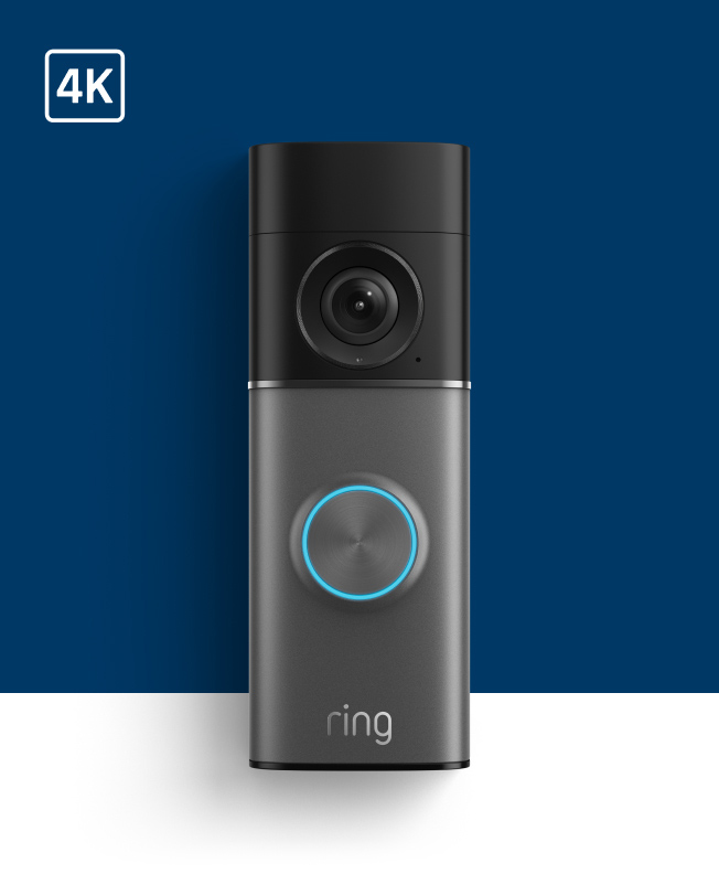 Ring video doorbell with 4K camera, dark gray design with blue illuminated button against navy background.