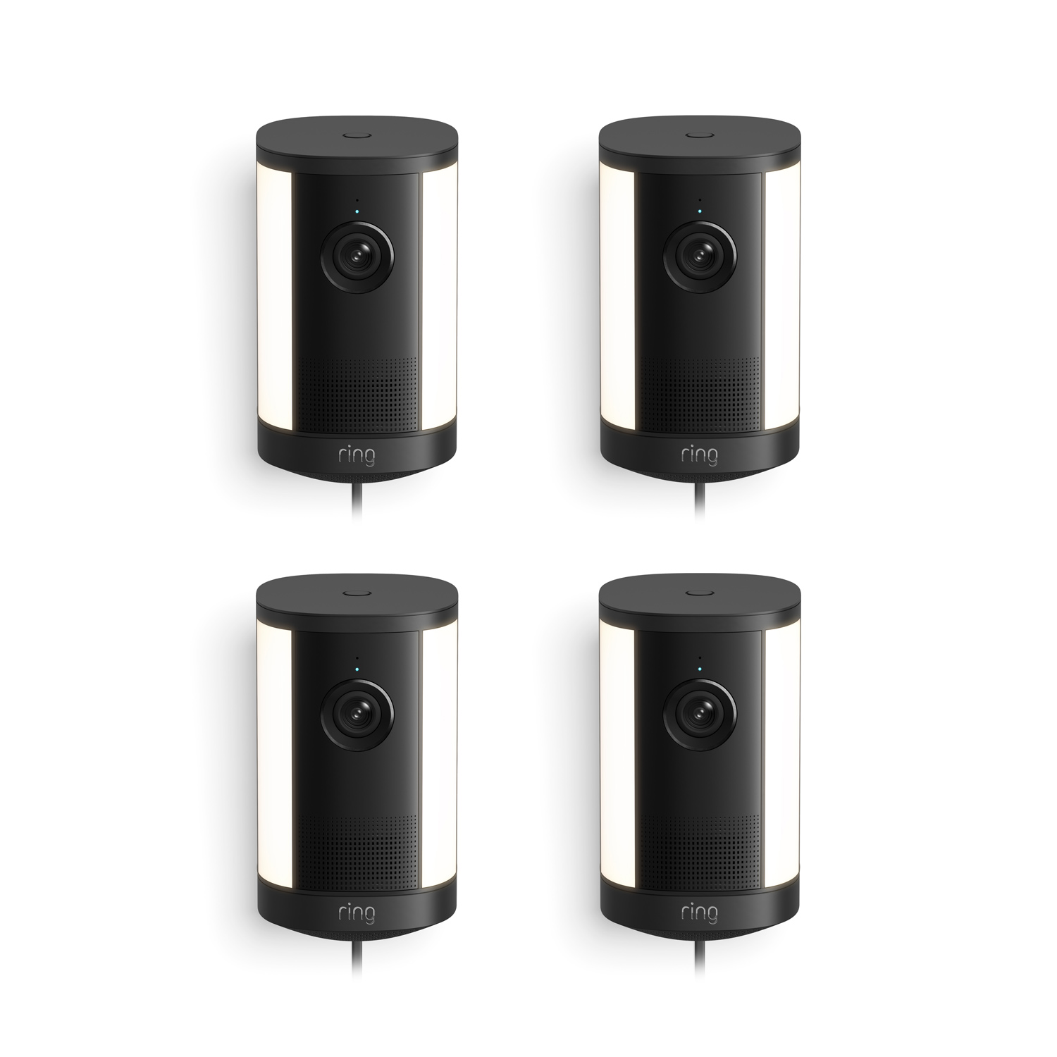 Spotlight Cam 4K Plus - Set of four black Ring spotlight cameras with built-in lights, arranged in a grid on a white background.