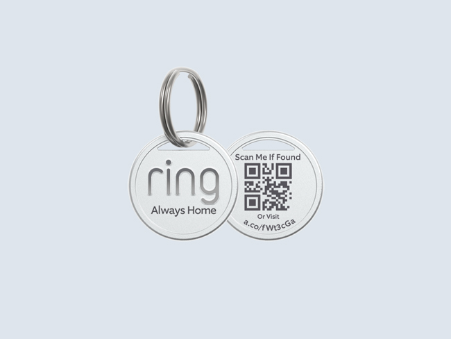 Two silver Ring Pet Tags with keyring, showing 'Always Home' logo and scannable QR code for lost pet recovery.