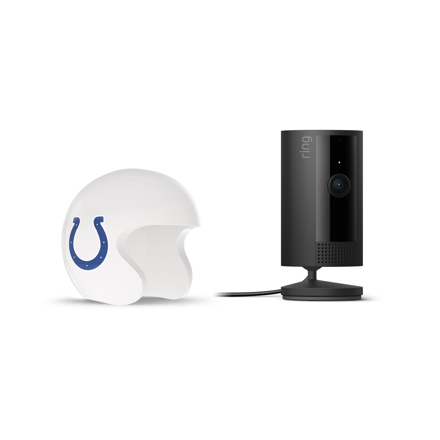 Indoor Cam, Black + NFL Game Day Cam Cover — AFC - Black Ring indoor camera on a stand next to a white football helmet with a blue horseshoe logo on a white background.