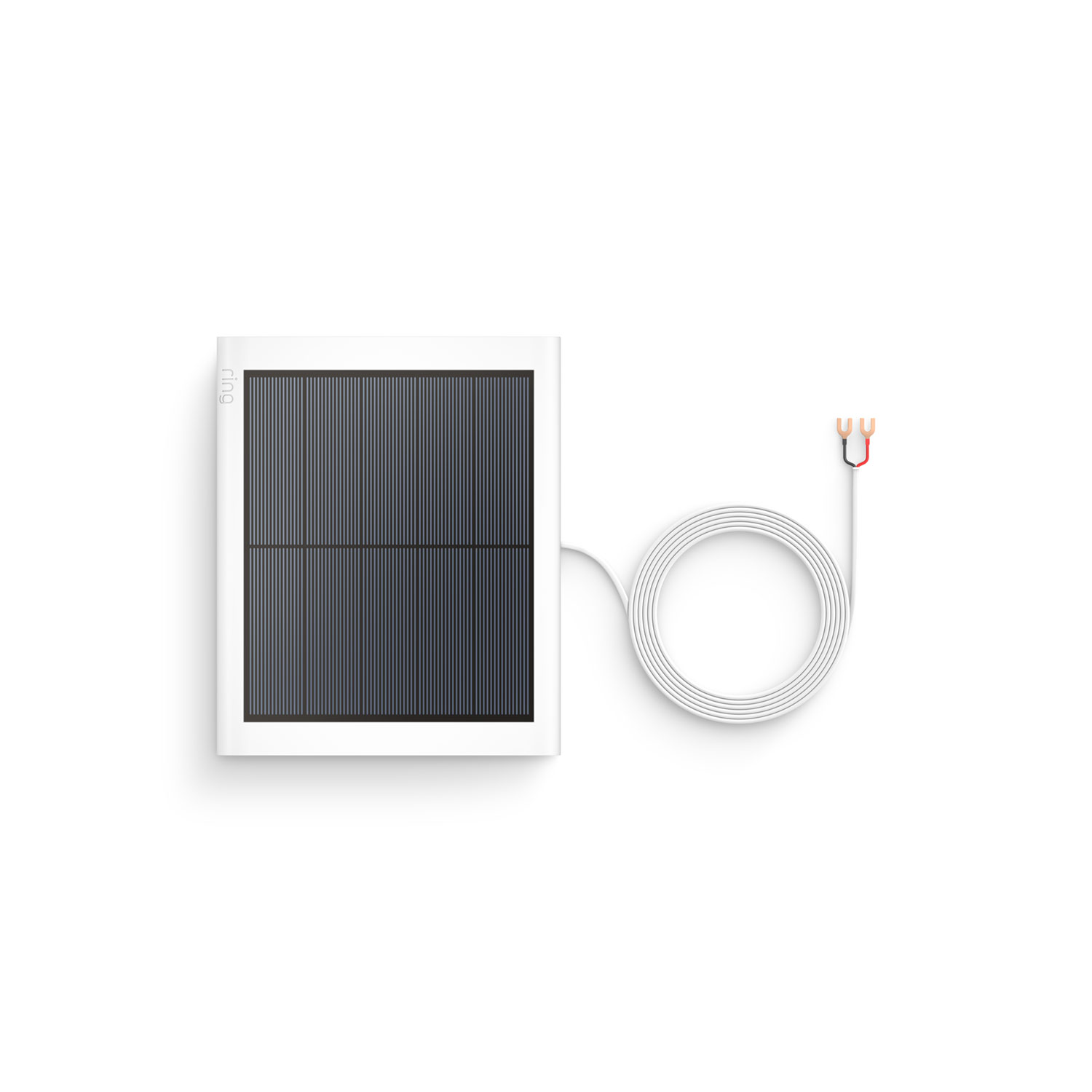 Solar Panel (Battery Doorbell (Newest Model), Battery Doorbell Plus (Newest Model), Battery Doorbell Pro (Newest Model)) - White-framed solar panel with grid of dark cells, attached to a long white cable ending in two fork connectors against a white background.