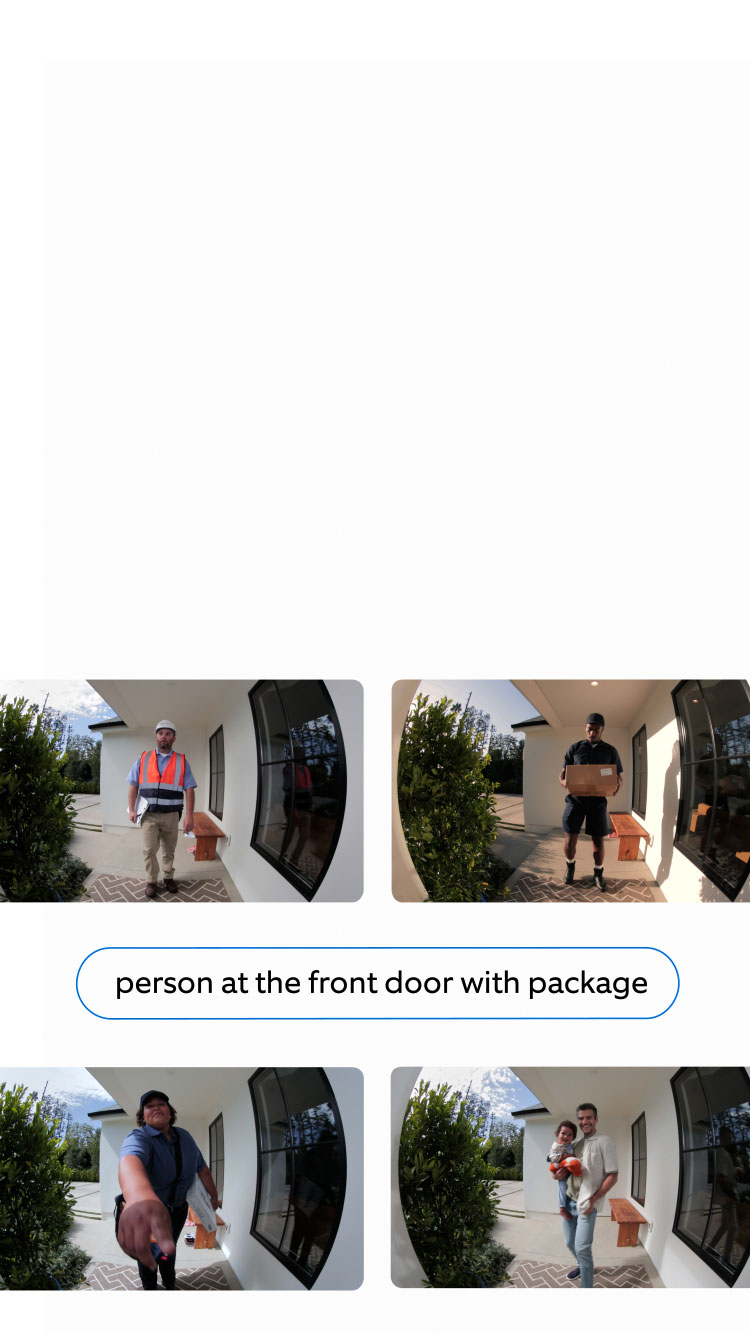 Delivery person at front door with package in hand, captured by Ring video doorbell.