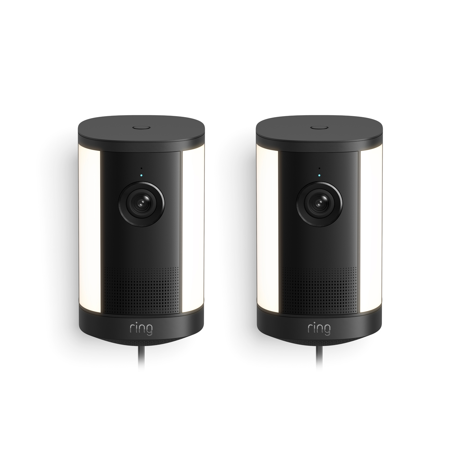 Spotlight Cam 4K Plus - Pair of black Ring spotlight security cameras with integrated white side lights, front lenses, and cords, shown against a white background.