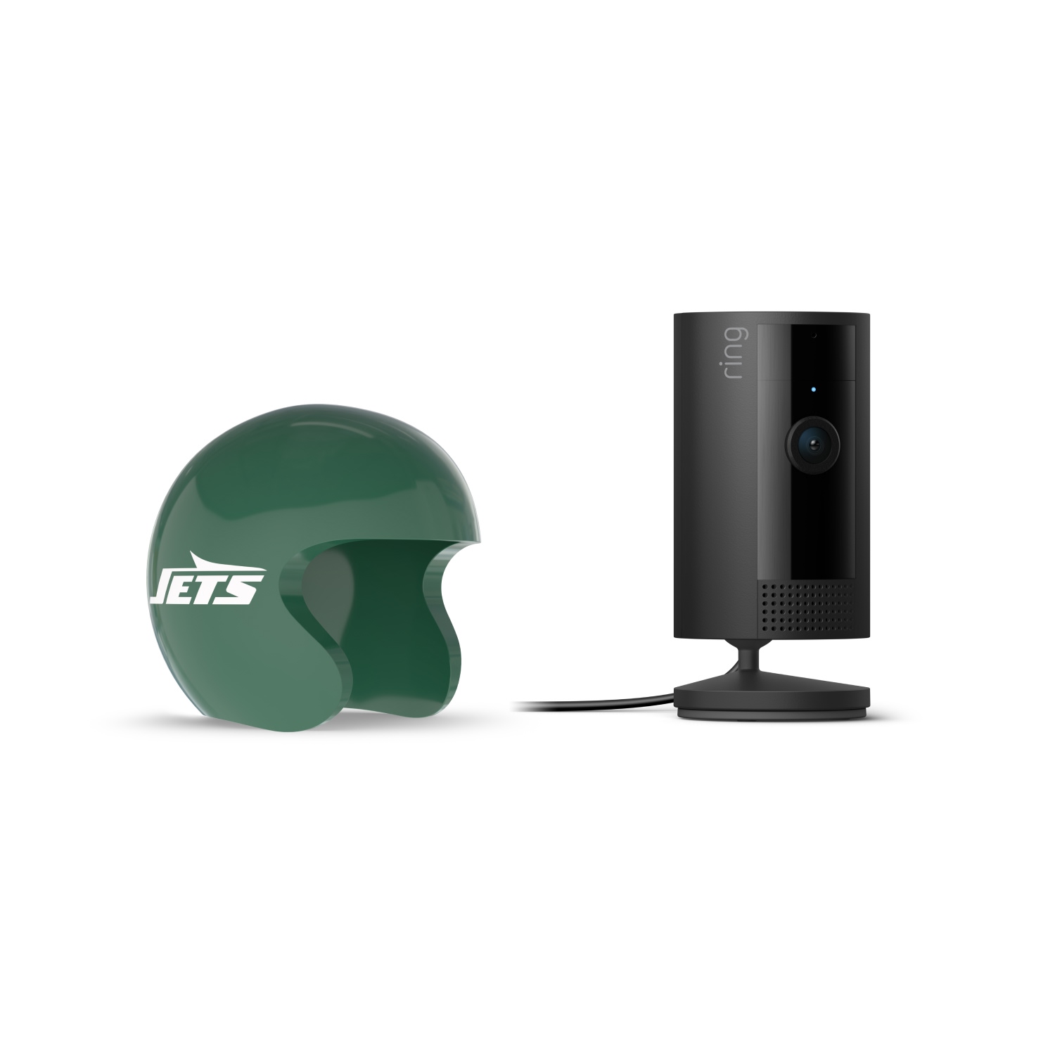 Indoor Cam, Black + NFL Game Day Cam Cover — AFC - Black Ring indoor camera on a stand beside a green Jets mini helmet on a white background.